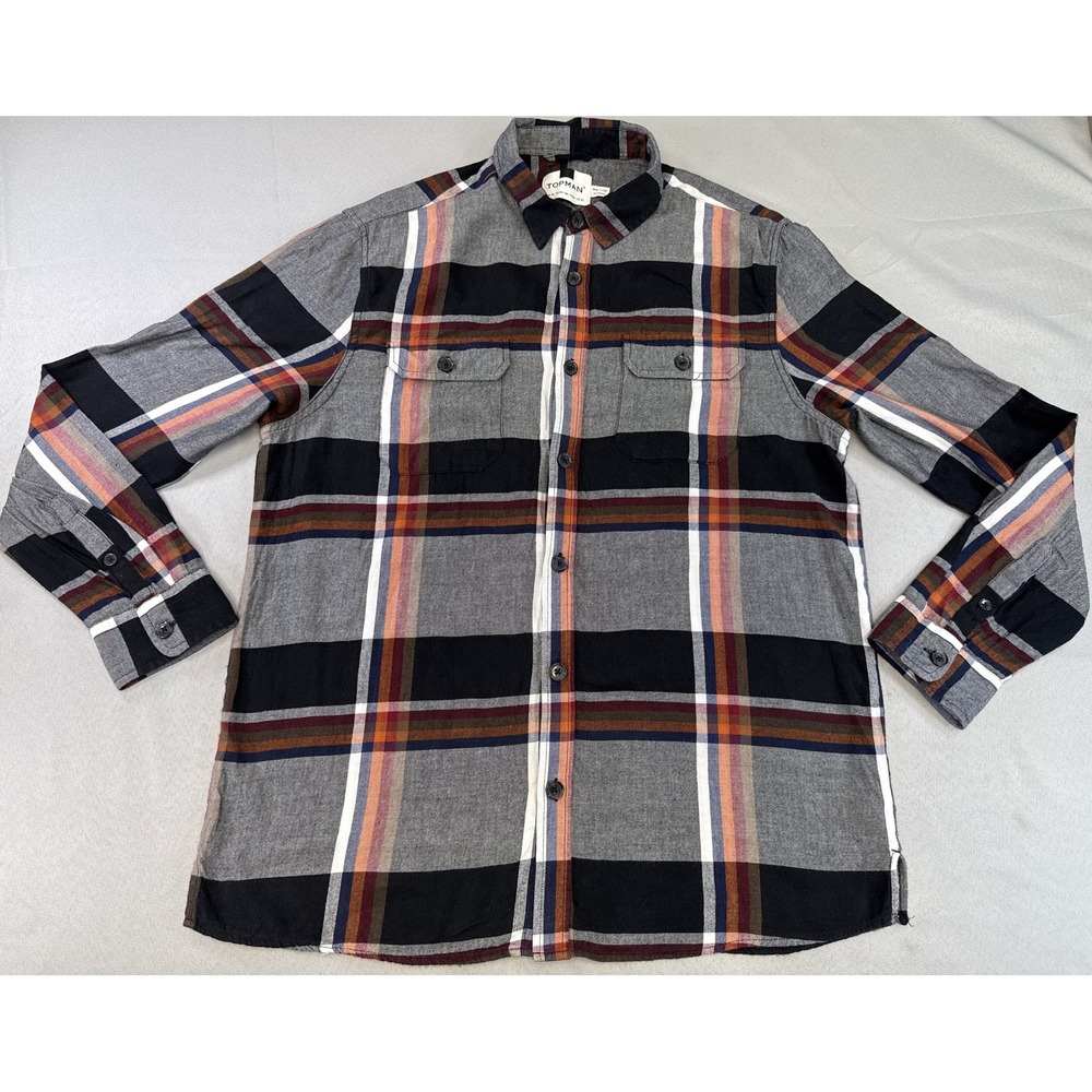 TOPMAN Plaid Button Up Shirt Mens UK XL EURO 106 111CM US Black Gray Cotton Slim